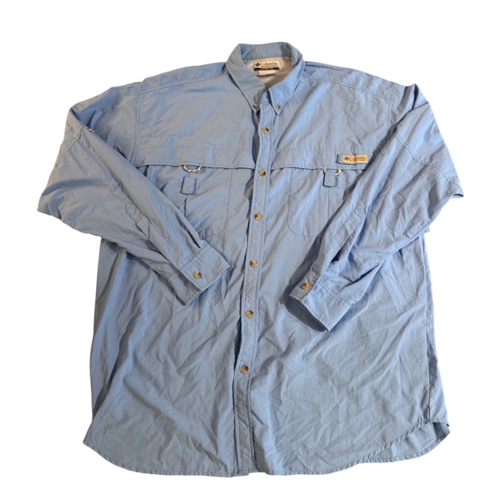 Columbia PFG Bahama II Fishing Shirt Mens Large Blue Long Sleeve Vented UPF 30+